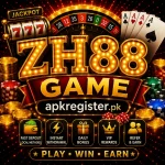 ZH88 Game promotional casino image with glowing jackpot theme, poker chips, roulette wheel, cards, and luxury online gaming design