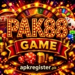 PAK88 Game glowing casino-style banner with roulette wheel, dice, poker chips, gold coins, and apkregister.pk branding