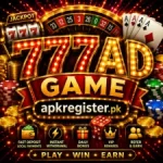 777AD Game promotional image with glowing casino theme, roulette wheel, poker cards, coins, dice, and apkregister.pk branding.