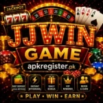 JJWIN Game promotional casino image with glowing jackpot theme, poker chips, roulette wheel, cards, and online gaming design
