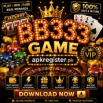 BB333 Game promotional poster with casino chips, roulette wheel, playing cards, VIP rewards, secure payments, and apkregister.pk branding.