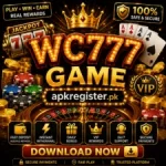 WC777 Game casino-style promotional logo with gold text, poker chips, roulette wheel, playing cards, VIP rewards, and apkregister.pk branding.