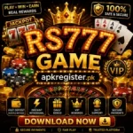 RS777 Game casino-style promotional logo featuring roulette wheel, poker cards, jackpot slot machine, VIP rewards, secure payments, and apkregister.pk branding.