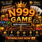N999 Game promotional casino-style logo with glowing gold text, roulette wheel, poker cards, VIP rewards, secure payments, and apkregister.pk branding.