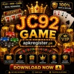 JC92 Game casino-style promotional logo with glowing gold text, roulette wheel, poker cards, VIP rewards, secure payments, and apkregister.pk branding.