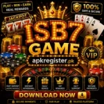 ISB7 Game casino-style promotional logo with glowing gold text, jackpot slot machine, roulette wheel, poker cards, VIP rewards, and apkregister.pk branding.