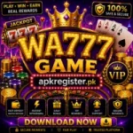 WA777 Game promotional logo with purple and gold casino-style design, jackpot slot machine, roulette wheel, poker cards, VIP rewards, secure payments, and apkregister.pk branding.