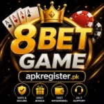 8BET Game logo featuring gold and silver text, crown, playing cards, poker chips, secure gaming icons, and apkregister.pk branding on a black and gold background.