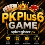 PKPlus6 Game logo featuring gold and silver text, crown, playing cards, poker chips, secure gaming icons, and apkregister.pk branding on a premium black background.