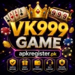 VK999 Game promotional logo featuring gold 3D text, royal crown, playing cards, slot machine, poker chips, secure gaming icons, and apkregister.pk branding on a purple neon background.