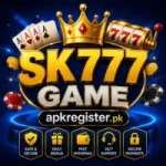 SK777 Game promotional logo featuring a modern casino-themed design with a golden crown, playing cards, poker chips, glowing text, and apkregister.pk branding on a unique colorful background.