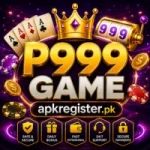 P999 Game promotional logo with a purple neon background, golden crown, playing cards, casino chips, slot machine, secure payment icons, and apkregister.pk branding.