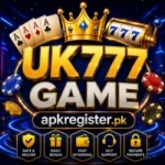UK777 Game promotional banner featuring a golden crown, playing cards, slot machine reels, casino chips, coins, and apkregister.