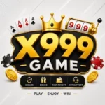 X999 Game promotional logo featuring a golden crown, playing cards, casino chips, slot machine symbols, and security, bonus, fast payout, and support icons on a clean light background