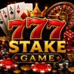 777 Stake Game casino-style promotional image with glowing slot theme, poker chips, cards, roulette wheel, and luxury gaming design