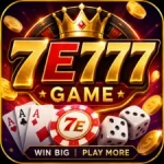 7E777 Game promotional icon with golden logo, crown, poker cards, dice, and casino-style glowing background.