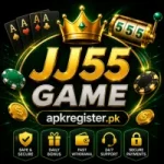 JJ55 Game logo with crown, cards, casino chips, and secure gaming features.