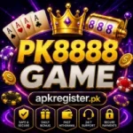 PK8888 Game promotional banner with gold crown, casino chips, playing cards, slot machine, and apkregister.pk branding on a purple neon background.