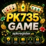 PK735 Game promotional banner with gold crown, playing cards, casino chips, slot machine, and apkregister.