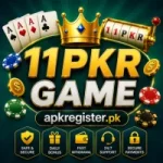 Promotional banner for 11PKR Game featuring a golden crown, four aces, casino chips, coins, and a slot machine reel.