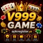V999 Game promotional banner with golden crown, poker cards, casino chips, and apkregister.pk branding on a red luxury background.