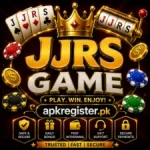 A vibrant casino-style promotional graphic for JJRS Game featuring a golden crown, poker cards, slot machine reels, casino chips, and glowing gold typography with apkregister.pk branding.