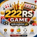 222RS Game casino banner with crown, cards, and chips.