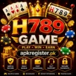 H789 Game promotional banner with casino cards, gold crown, poker chips, slot machine, bonuses, and apkregister.pk branding.