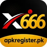 X666 Game logo with black background, golden 666 text, and apkregister.pk branding.